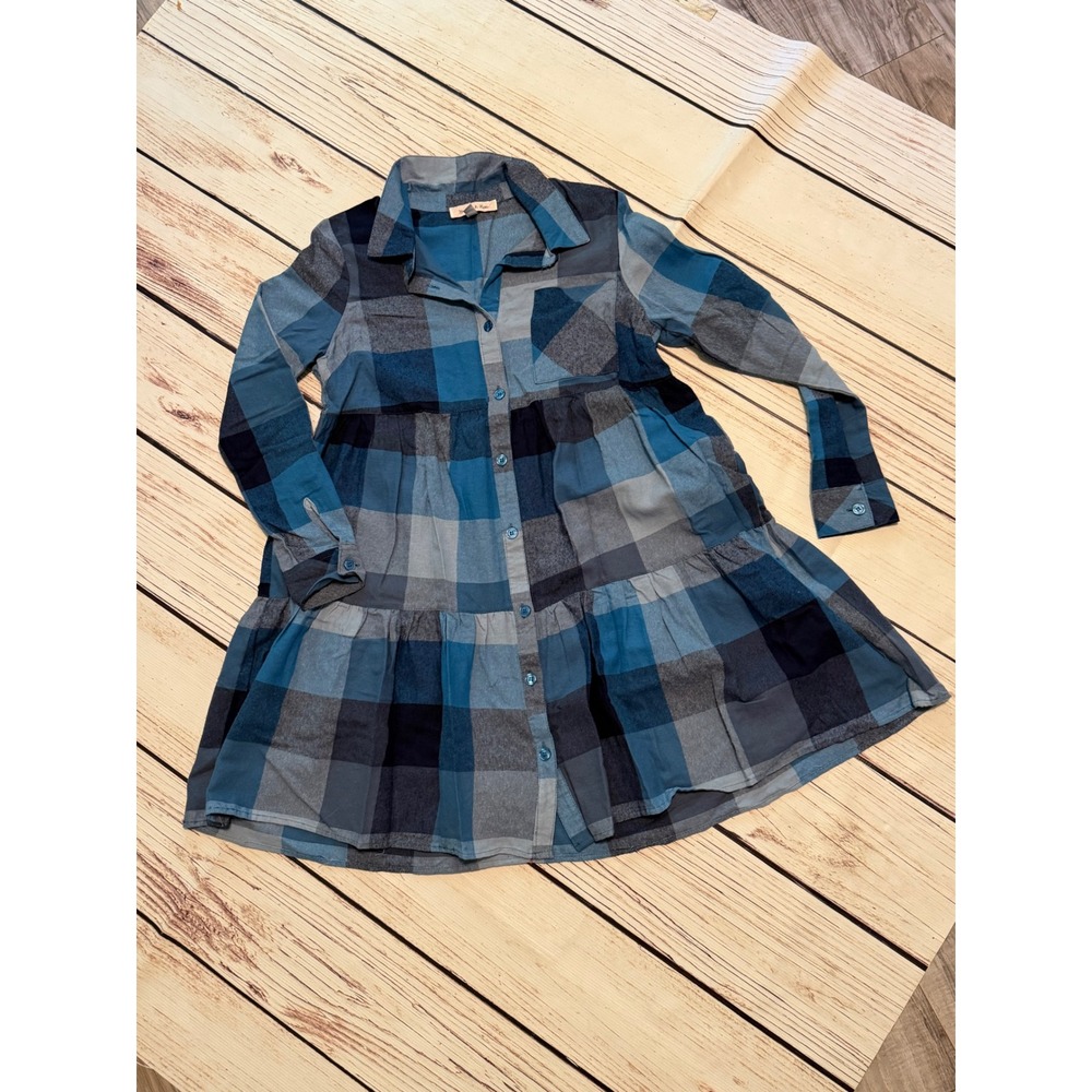 Harlow & Rose Blue Plaid Tiered Babydoll Button Down Tunic Mini Dress Small